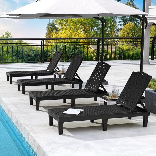 Alt view image 7 of 7 - Outdoor Plastic Chaise Lounger, 5-Position Adjustable Backrest, Waterproof UV-Resistant, 352 lbs Capacity, Easy Setup for Patio, Poolside, Garden, Black (1 PC)