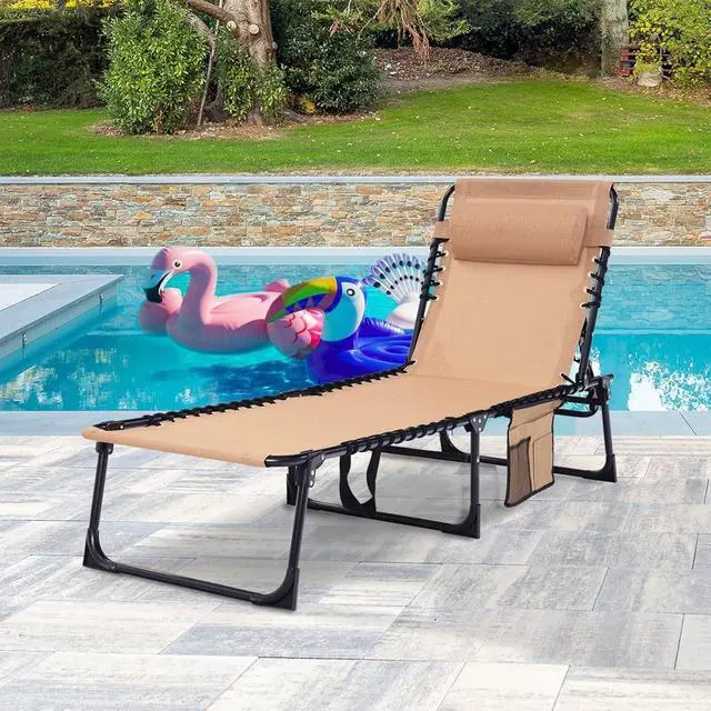 Alt view image 2 of 7 - Folding Chaise Lounge Chair Bed, 400lb Capacity Adjustable Recliner, Textilene Fabric with Pillow, Lay Flat Design for Patio Pool Camping Sunbathing, Beige