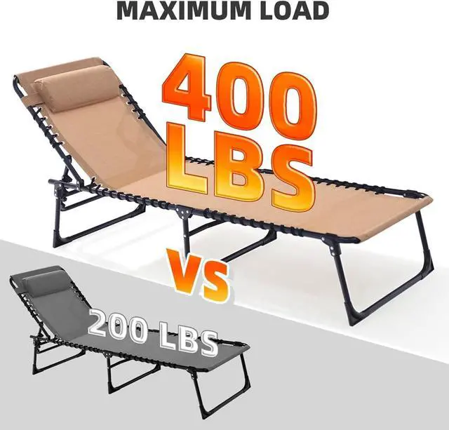 Alt view image 4 of 7 - Folding Chaise Lounge Chair Bed, 400lb Capacity Adjustable Recliner, Textilene Fabric with Pillow, Lay Flat Design for Patio Pool Camping Sunbathing, Beige