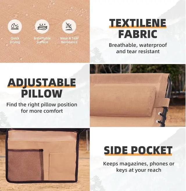 Alt view image 5 of 7 - Folding Chaise Lounge Chair Bed, 400lb Capacity Adjustable Recliner, Textilene Fabric with Pillow, Lay Flat Design for Patio Pool Camping Sunbathing, Beige
