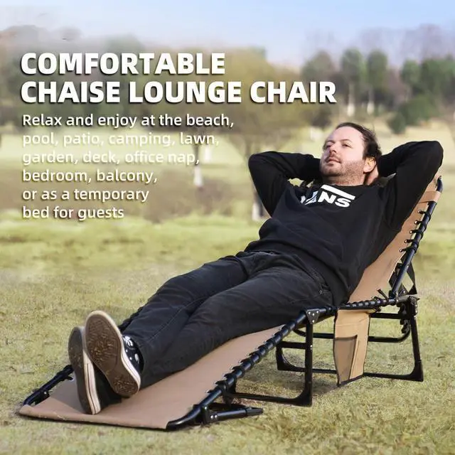 Alt view image 6 of 7 - Folding Chaise Lounge Chair Bed, 400lb Capacity Adjustable Recliner, Textilene Fabric with Pillow, Lay Flat Design for Patio Pool Camping Sunbathing, Beige