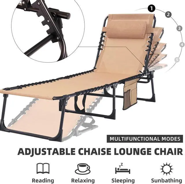 Alt view image 7 of 7 - Folding Chaise Lounge Chair Bed, 400lb Capacity Adjustable Recliner, Textilene Fabric with Pillow, Lay Flat Design for Patio Pool Camping Sunbathing, Beige