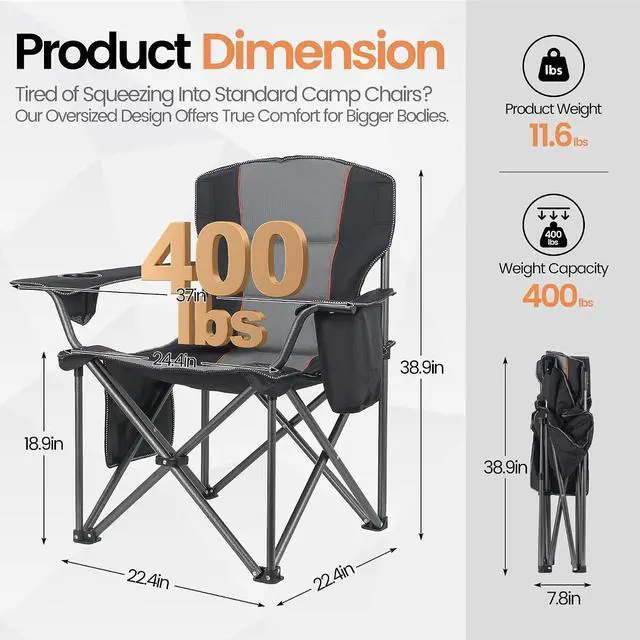 Alt view image 2 of 5 - 2 Pack Oversized Folding Camping Chairs, Heavy Duty 400 LBS Capacity Chairs with Lumbar Neck Support, 600D Oxford Fabric, Cooler Bag Cup Holder Side Pocket for Outdoor Beach Fishing Lawn Black