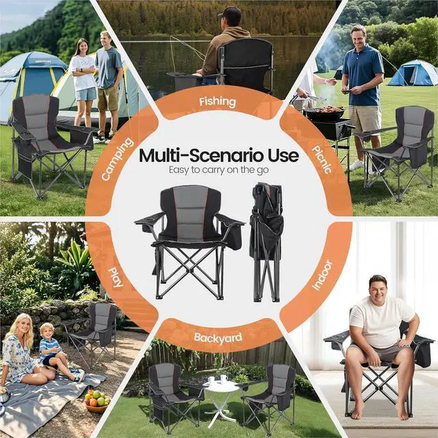 Alt view image 5 of 5 - 2 Pack Oversized Folding Camping Chairs, Heavy Duty 400 LBS Capacity Chairs with Lumbar Neck Support, 600D Oxford Fabric, Cooler Bag Cup Holder Side Pocket for Outdoor Beach Fishing Lawn Black