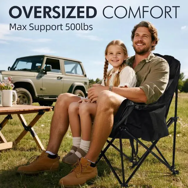 Alt view image 2 of 6 - Oversized Padded Outdoor Folding Camping Chair for Adults, Heavy Duty Steel Frame Supports 500lbs with Cup Holder Cooler Pockets for Beach Fishing Sports Garden