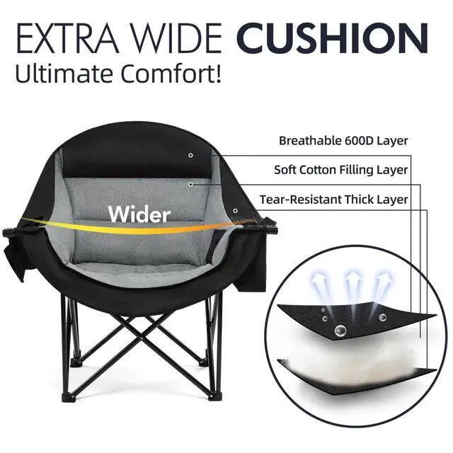 Alt view image 3 of 6 - Oversized Padded Outdoor Folding Camping Chair for Adults, Heavy Duty Steel Frame Supports 500lbs with Cup Holder Cooler Pockets for Beach Fishing Sports Garden