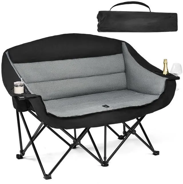 Main image of Double Oversized Folding Camping Loveseat Chair for 2 Adults, Heavy Duty Padded Outdoor Lawn Beach Chair with Cup Holders and Carry Bag Supports 600lbs