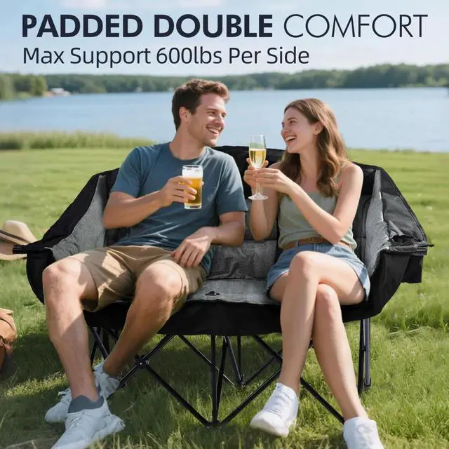 Alt view image 2 of 6 - Double Oversized Folding Camping Loveseat Chair for 2 Adults, Heavy Duty Padded Outdoor Lawn Beach Chair with Cup Holders and Carry Bag Supports 600lbs