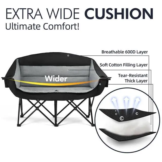 Alt view image 3 of 6 - Double Oversized Folding Camping Loveseat Chair for 2 Adults, Heavy Duty Padded Outdoor Lawn Beach Chair with Cup Holders and Carry Bag Supports 600lbs