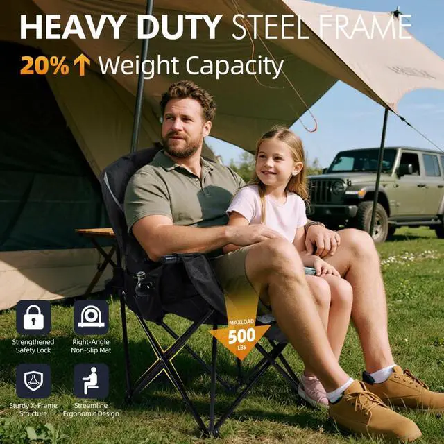 Alt view image 5 of 6 - Oversized Padded Outdoor Folding Camping Chair for Adults, Heavy Duty Steel Frame Supports 500lbs with Cup Holder Cooler Pockets for Beach Fishing Sports Garden