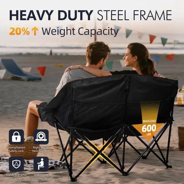 Alt view image 5 of 6 - Double Oversized Folding Camping Loveseat Chair for 2 Adults, Heavy Duty Padded Outdoor Lawn Beach Chair with Cup Holders and Carry Bag Supports 600lbs