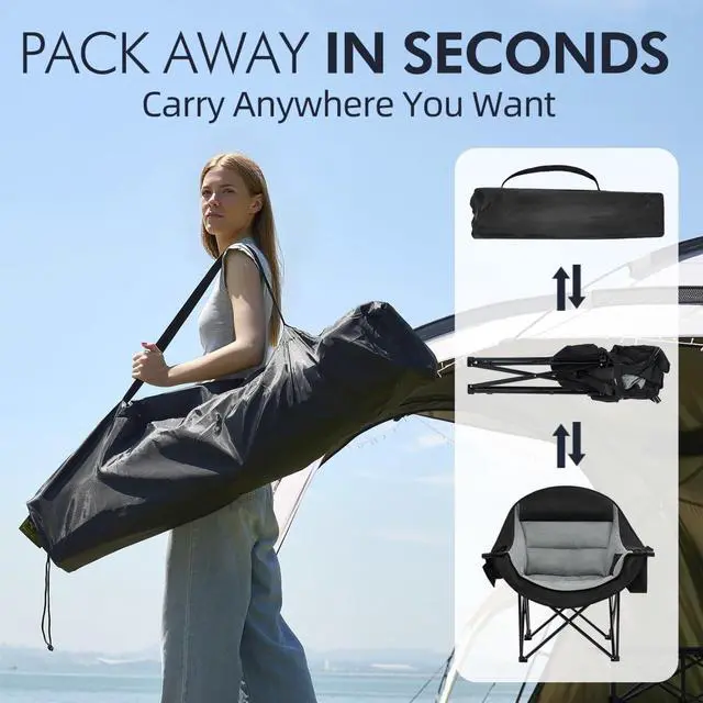 Alt view image 6 of 6 - Oversized Padded Outdoor Folding Camping Chair for Adults, Heavy Duty Steel Frame Supports 500lbs with Cup Holder Cooler Pockets for Beach Fishing Sports Garden