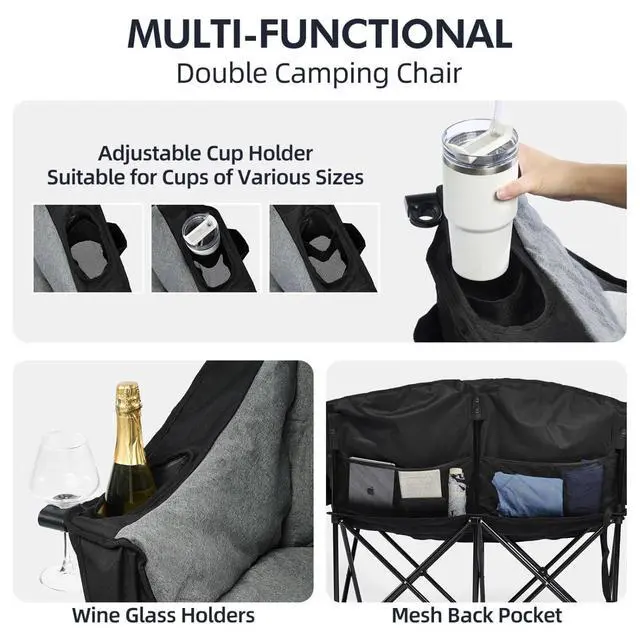Alt view image 4 of 6 - Double Oversized Folding Camping Loveseat Chair for 2 Adults, Heavy Duty Padded Outdoor Lawn Beach Chair with Cup Holders and Carry Bag Supports 600lbs