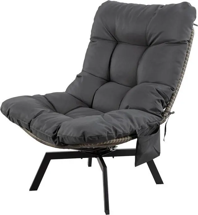 Main image of Outdoor Wicker Swivel Patio Chair, 360° Rotation Rattan Lounge Chair with Grey Cushion & Rust-Resistant Steel Frame, for Backyard Balcony