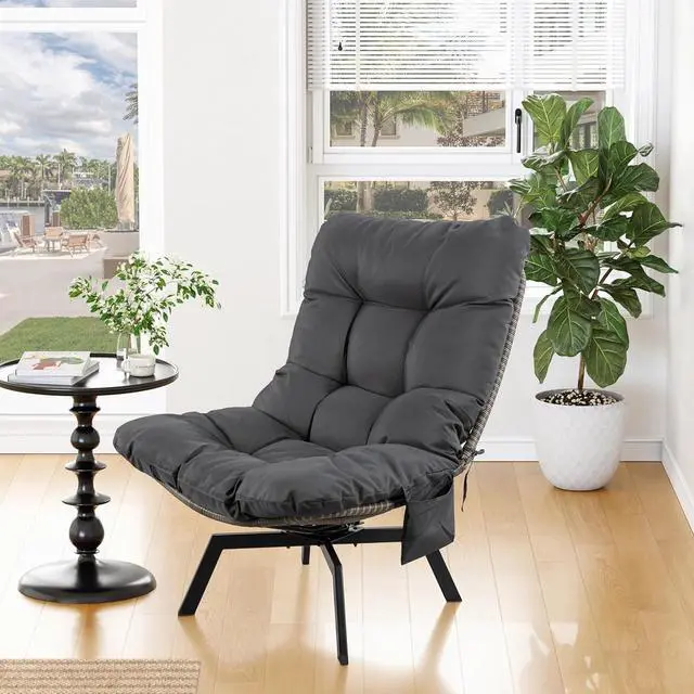 Alt view image 2 of 7 - Outdoor Wicker Swivel Patio Chair, 360° Rotation Rattan Lounge Chair with Grey Cushion & Rust-Resistant Steel Frame, for Backyard Balcony