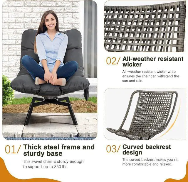 Alt view image 5 of 7 - Outdoor Wicker Swivel Patio Chair, 360° Rotation Rattan Lounge Chair with Grey Cushion & Rust-Resistant Steel Frame, for Backyard Balcony