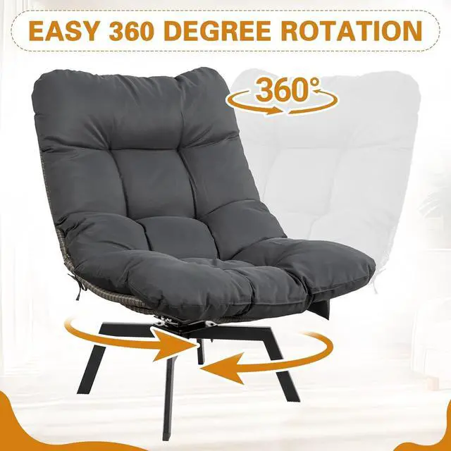 Alt view image 6 of 7 - Outdoor Wicker Swivel Patio Chair, 360° Rotation Rattan Lounge Chair with Grey Cushion & Rust-Resistant Steel Frame, for Backyard Balcony