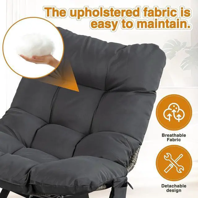 Alt view image 7 of 7 - Outdoor Wicker Swivel Patio Chair, 360° Rotation Rattan Lounge Chair with Grey Cushion & Rust-Resistant Steel Frame, for Backyard Balcony
