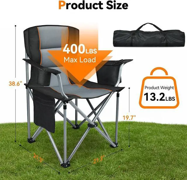 Alt view image 2 of 7 - 2 Pack Oversized Fully Padded Folding Camping Chairs Heavy Duty Steel Frame Supports 400 LBS with Cup Holder Insulated Cooler Bag Side Pocket Carry Bag for Lawn Sports Outdoor Use