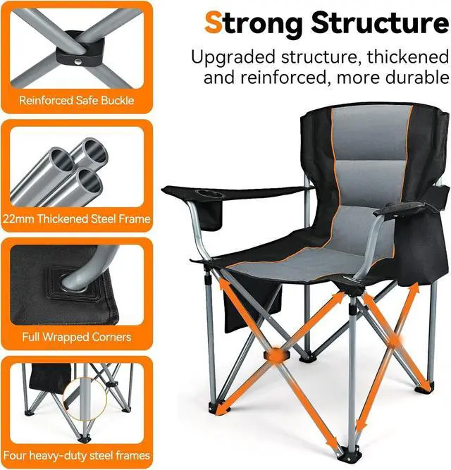Alt view image 4 of 7 - 2 Pack Oversized Fully Padded Folding Camping Chairs Heavy Duty Steel Frame Supports 400 LBS with Cup Holder Insulated Cooler Bag Side Pocket Carry Bag for Lawn Sports Outdoor Use