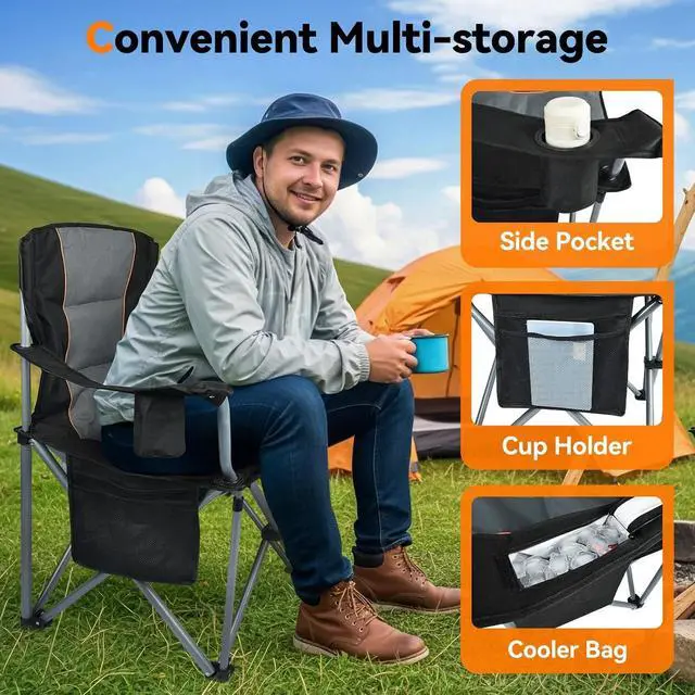Alt view image 6 of 7 - 2 Pack Oversized Fully Padded Folding Camping Chairs Heavy Duty Steel Frame Supports 400 LBS with Cup Holder Insulated Cooler Bag Side Pocket Carry Bag for Lawn Sports Outdoor Use