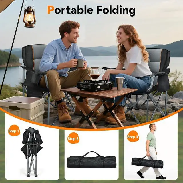 Alt view image 7 of 7 - 2 Pack Oversized Fully Padded Folding Camping Chairs Heavy Duty Steel Frame Supports 400 LBS with Cup Holder Insulated Cooler Bag Side Pocket Carry Bag for Lawn Sports Outdoor Use