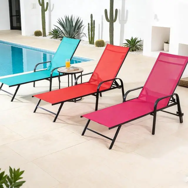 Main image of Folding Chaise Lounge Chair with 5 Reclining Positions, Textilene Fabric & Steel Frame, 350 LBS Capacity, Outdoor Patio Poolside Beach Recliner with Armrests, Cyan