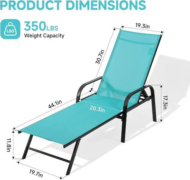 Alt view image 2 of 7 - Folding Chaise Lounge Chair with 5 Reclining Positions, Textilene Fabric & Steel Frame, 350 LBS Capacity, Outdoor Patio Poolside Beach Recliner with Armrests, Cyan