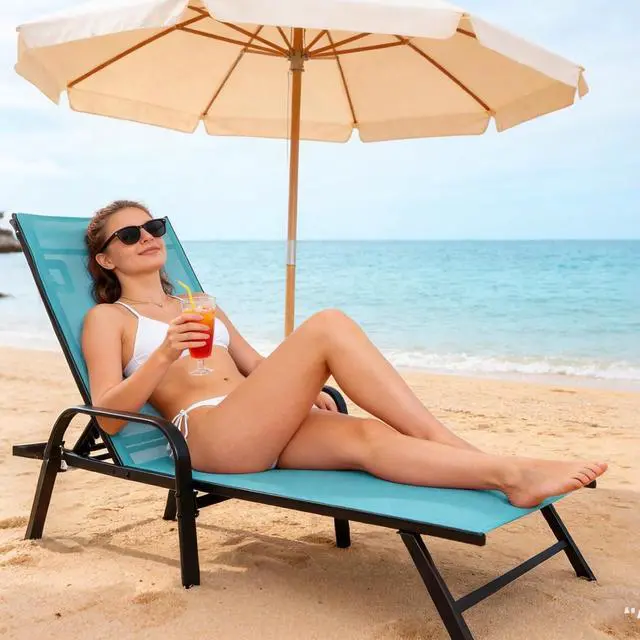 Alt view image 3 of 7 - Folding Chaise Lounge Chair with 5 Reclining Positions, Textilene Fabric & Steel Frame, 350 LBS Capacity, Outdoor Patio Poolside Beach Recliner with Armrests, Cyan