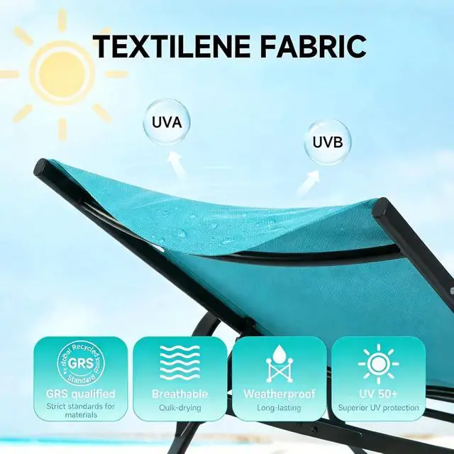 Alt view image 4 of 7 - Folding Chaise Lounge Chair with 5 Reclining Positions, Textilene Fabric & Steel Frame, 350 LBS Capacity, Outdoor Patio Poolside Beach Recliner with Armrests, Cyan