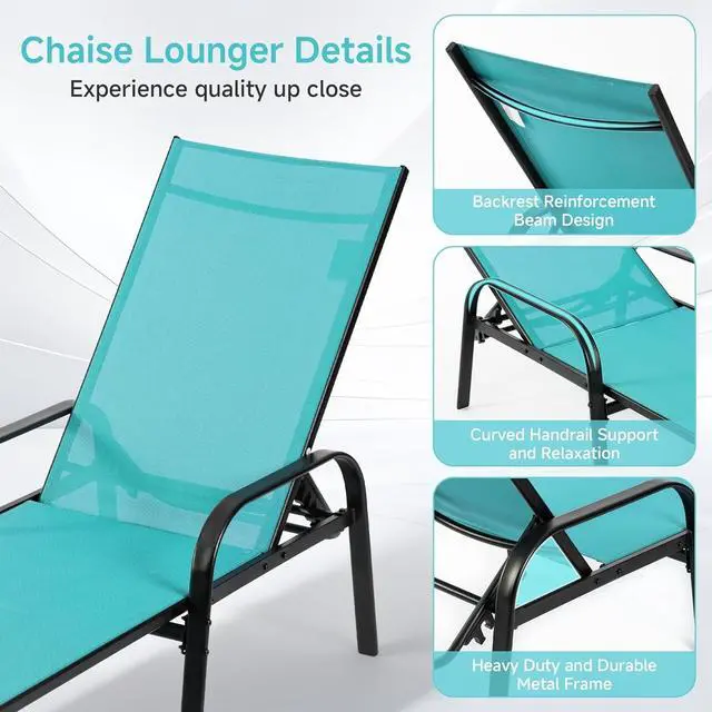 Alt view image 6 of 7 - Folding Chaise Lounge Chair with 5 Reclining Positions, Textilene Fabric & Steel Frame, 350 LBS Capacity, Outdoor Patio Poolside Beach Recliner with Armrests, Cyan
