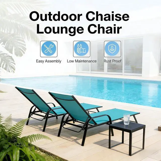 Alt view image 7 of 7 - Folding Chaise Lounge Chair with 5 Reclining Positions, Textilene Fabric & Steel Frame, 350 LBS Capacity, Outdoor Patio Poolside Beach Recliner with Armrests, Cyan