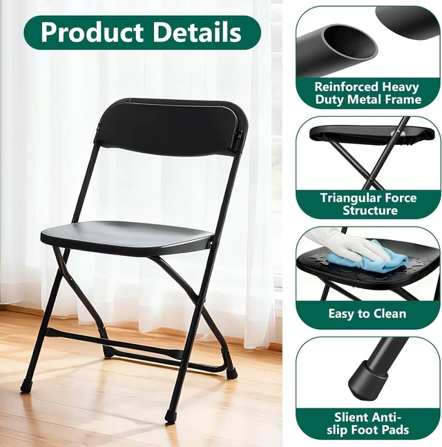 Alt view image 5 of 7 - 4 Pack Black Plastic Folding Chairs, 350LBS Capacity Stackable Portable Chairs with Steel Frame, for Indoor Outdoor Patio Garden Picnic Kitchen Events