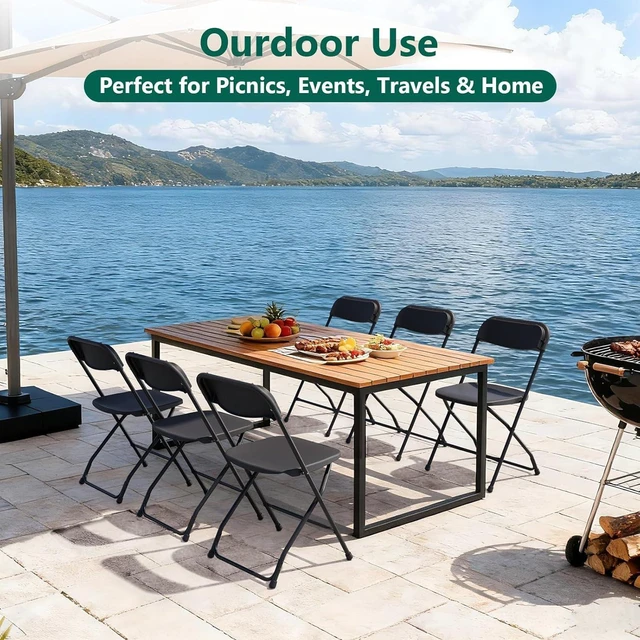 Alt view image 6 of 7 - 4 Pack Black Plastic Folding Chairs, 350LBS Capacity Stackable Portable Chairs with Steel Frame, for Indoor Outdoor Patio Garden Picnic Kitchen Events