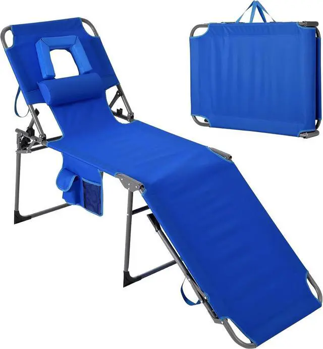 Main image of Folding Tanning Chair with Face Hole, 5-Position Adjustable Backrest, Pillow & Side Pocket, Portable Beach Chaise Lounge for Outdoor Poolside, Backyard, Patio, Blue