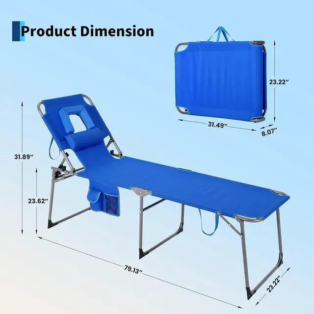 Alt view image 2 of 7 - Folding Tanning Chair with Face Hole, 5-Position Adjustable Backrest, Pillow & Side Pocket, Portable Beach Chaise Lounge for Outdoor Poolside, Backyard, Patio, Blue
