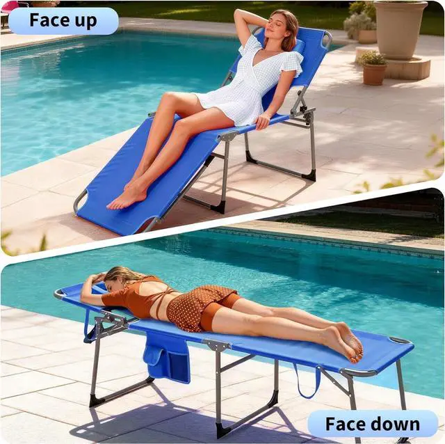 Alt view image 3 of 7 - Folding Tanning Chair with Face Hole, 5-Position Adjustable Backrest, Pillow & Side Pocket, Portable Beach Chaise Lounge for Outdoor Poolside, Backyard, Patio, Blue
