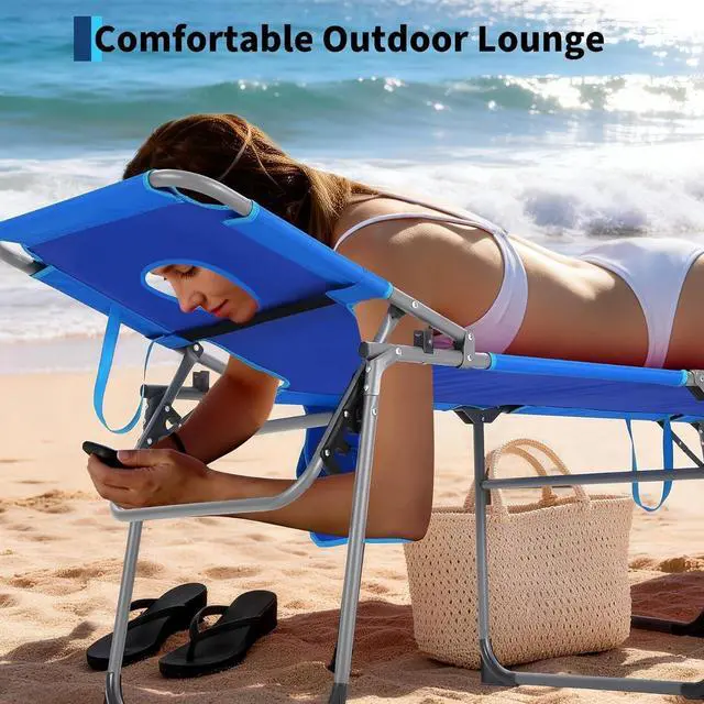 Alt view image 4 of 7 - Folding Tanning Chair with Face Hole, 5-Position Adjustable Backrest, Pillow & Side Pocket, Portable Beach Chaise Lounge for Outdoor Poolside, Backyard, Patio, Blue