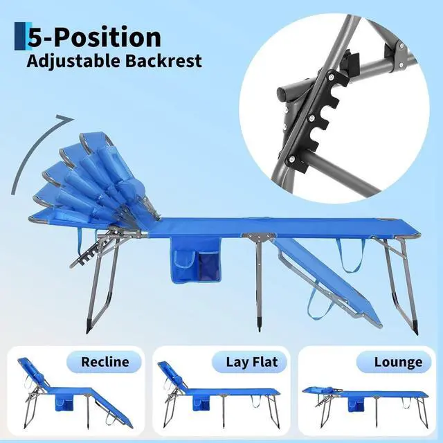 Alt view image 5 of 7 - Folding Tanning Chair with Face Hole, 5-Position Adjustable Backrest, Pillow & Side Pocket, Portable Beach Chaise Lounge for Outdoor Poolside, Backyard, Patio, Blue