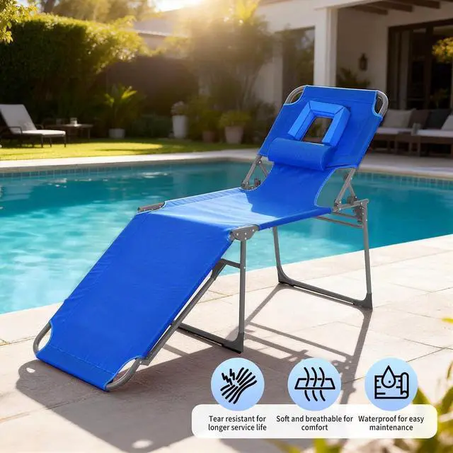 Alt view image 6 of 7 - Folding Tanning Chair with Face Hole, 5-Position Adjustable Backrest, Pillow & Side Pocket, Portable Beach Chaise Lounge for Outdoor Poolside, Backyard, Patio, Blue