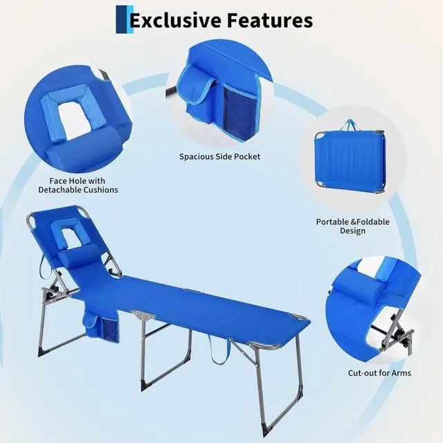Alt view image 7 of 7 - Folding Tanning Chair with Face Hole, 5-Position Adjustable Backrest, Pillow & Side Pocket, Portable Beach Chaise Lounge for Outdoor Poolside, Backyard, Patio, Blue