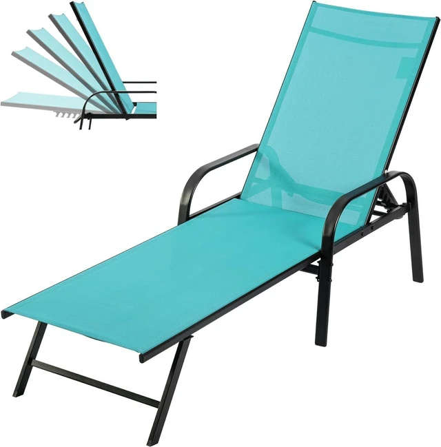 Main image of Foldable Chaise Lounge Chair, 5-Position Adjustable Backrest with Armrests, Metal Frame Outdoor Sun Chair for Patio, Backyard, Poolside, Blue