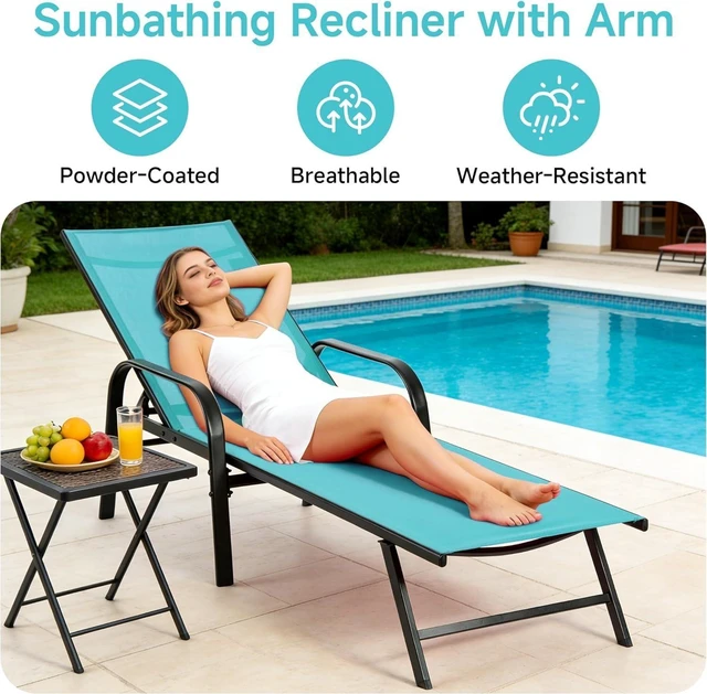 Alt view image 4 of 7 - Foldable Chaise Lounge Chair, 5-Position Adjustable Backrest with Armrests, Metal Frame Outdoor Sun Chair for Patio, Backyard, Poolside, Blue