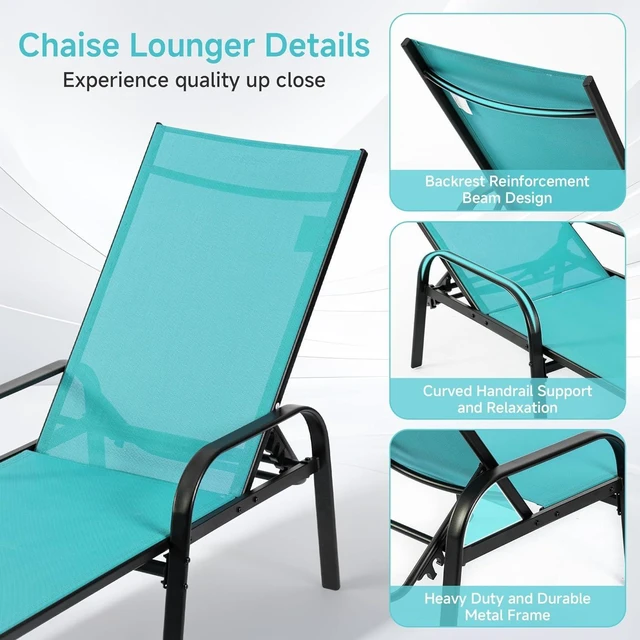 Alt view image 6 of 7 - Foldable Chaise Lounge Chair, 5-Position Adjustable Backrest with Armrests, Metal Frame Outdoor Sun Chair for Patio, Backyard, Poolside, Blue