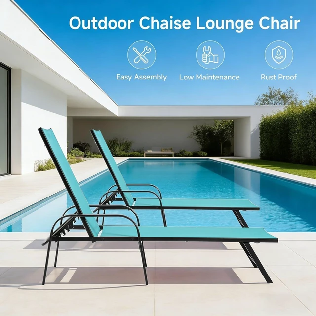 Alt view image 7 of 7 - Foldable Chaise Lounge Chair, 5-Position Adjustable Backrest with Armrests, Metal Frame Outdoor Sun Chair for Patio, Backyard, Poolside, Blue