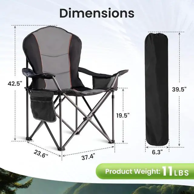 Alt view image 2 of 7 - Oversized Heavy Duty Portable Folding Camping Chair for Adults, with Cup Holder & Waterproof Phone Case, for Beach, Hiking, Backyard, Black & Gray (1 PCS)