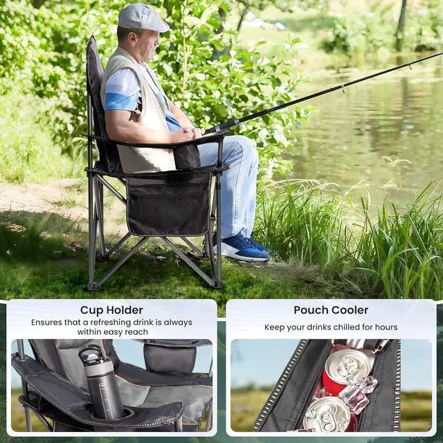 Alt view image 3 of 7 - Oversized Heavy Duty Portable Folding Camping Chair for Adults, with Cup Holder & Waterproof Phone Case, for Beach, Hiking, Backyard, Black & Gray (1 PCS)