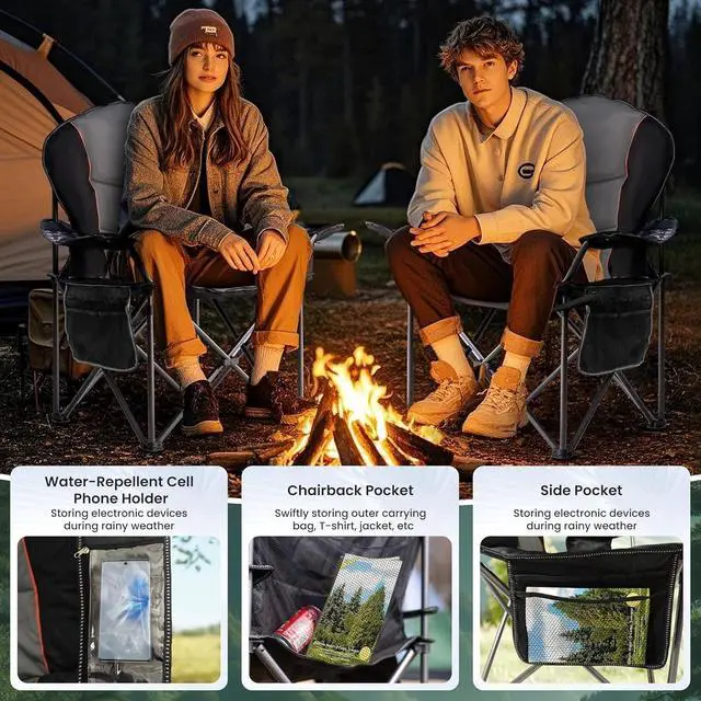 Alt view image 5 of 7 - Oversized Heavy Duty Portable Folding Camping Chair for Adults, with Cup Holder & Waterproof Phone Case, for Beach, Hiking, Backyard, Black & Gray (1 PCS)