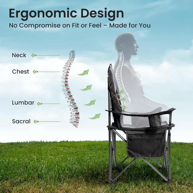 Alt view image 6 of 7 - Oversized Heavy Duty Portable Folding Camping Chair for Adults, with Cup Holder & Waterproof Phone Case, for Beach, Hiking, Backyard, Black & Gray (1 PCS)