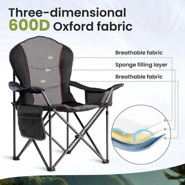 Alt view image 7 of 7 - Oversized Heavy Duty Portable Folding Camping Chair for Adults, with Cup Holder & Waterproof Phone Case, for Beach, Hiking, Backyard, Black & Gray (1 PCS)